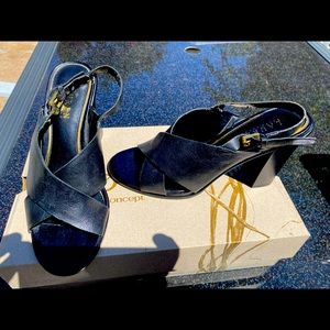 Black crisscross leather Ralph Lauren 4” heeled sandals with Gold buckle, New